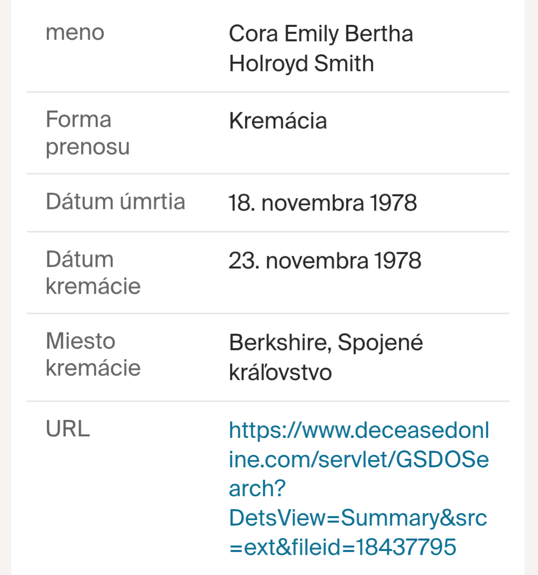 umrtie a kremácia Cora HS