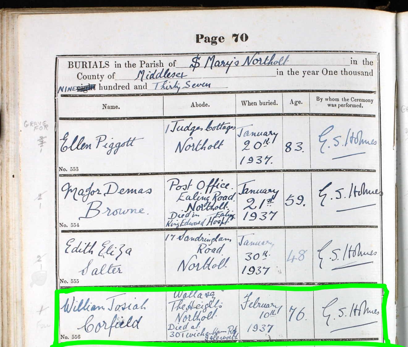 Corfield úmrtný list