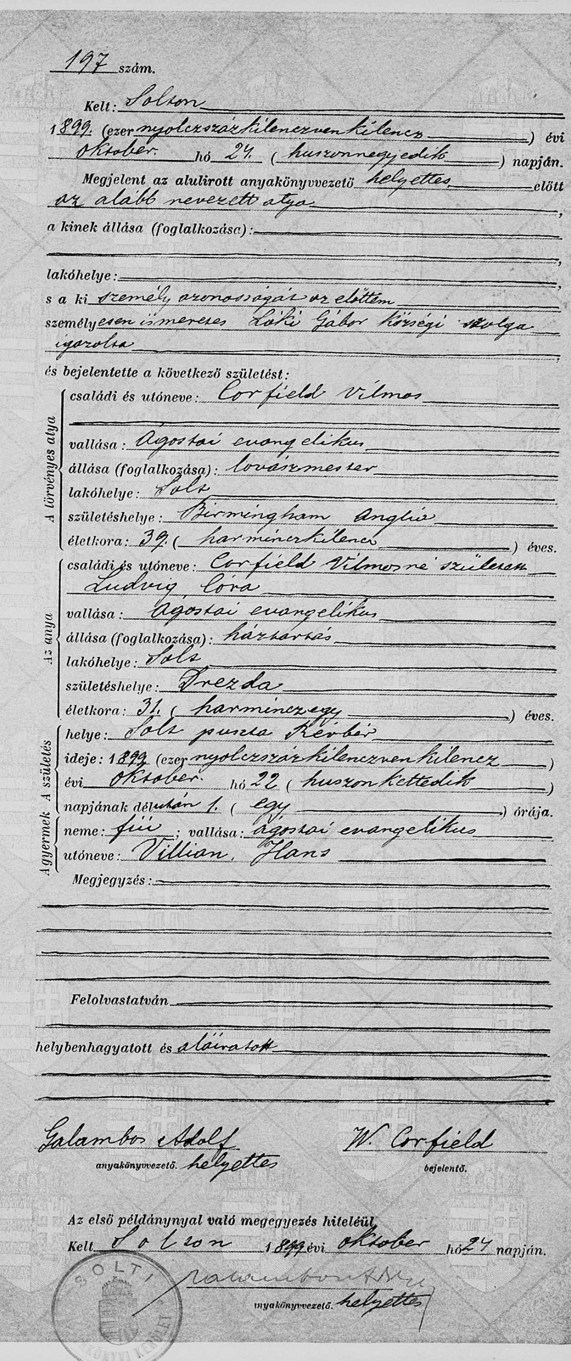 rodny list Williama Corfielda ml.